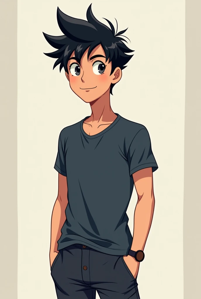 For an attractive cartoon character fitting your description, here’s a custom character design:

**Name**: Kai

**Height**: 59"  
**Skin Color**: Light black (a medium brown tone)  
**Clothing**: A simple, stylish t-shirt (possibly in dark blue or charcoal...