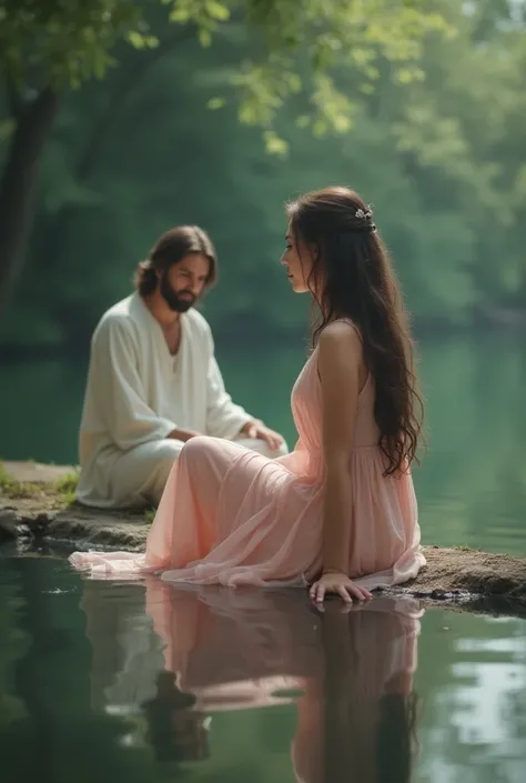 Image of a woman sitting on the edge of a lake watching her reflection and Jesus sitting behind her watching her with a sweet look (The woman doesnt know that Jesus is there )  woman is wearing a light pink dress  