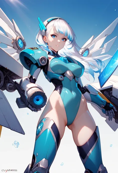 A sleek anime-style futuristic android with ice-themed details. She has short, white hair, glowing cyan-blue eyes, and porcelain-like pale skin. Her battle suit is a form-fitting leotard with armor plating on the sides, accented by light blue, dark blue, c...