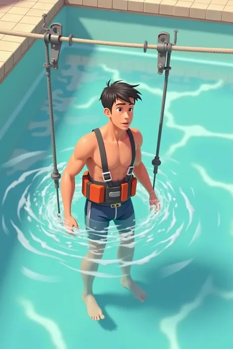 A 22 years old boy try to learn swimming.
He put a belt around him.
A rope attached to the belt went through a pulley that ran on an overhead cable.
Show them animated.