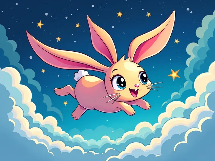  the rabbit jumps through the clouds at night flying with its big ears, animated coloring page 