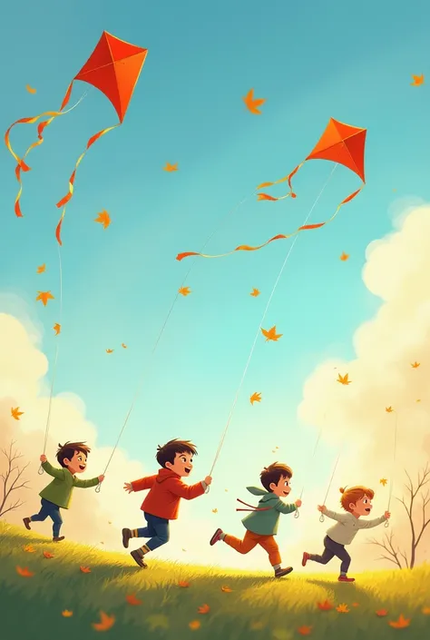  Kite Flying Scene in the Afternoon :
 Style :  Combining elements of realism and traditional culture .
Cartoon scene :  Boys running on the lawn , kite rope handle ,  and kites flying high in the golden sunshine of the winter afternoon .  Golden leaves sc...