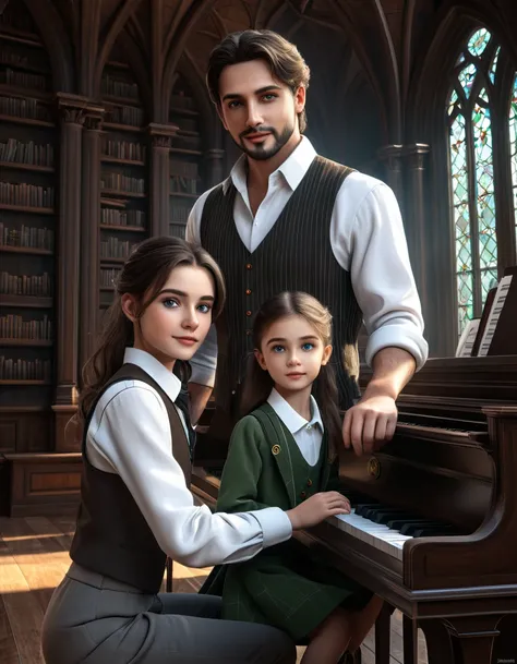 sketch man  ((with brown eyes)), Beautiful,  brown short hair in white in a white shirt,  dark gray classic vest ,  dark gray pants stands behind the girl and teaches her to play the photrepiano, meanwhile, the girl sits at the piano with brown long hair a...