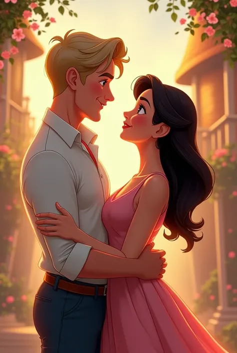 Casal Disney: white man,high, short hair, Ears and Fat Woman , white,  black hair,  straight on the shoulders look at each other