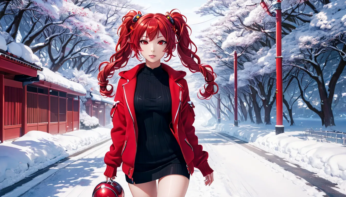 vocaloid, side top pigtails, red curly hair, bangs, slim body, very large breasts, ball shaped breasts, red eyes, red contact le...