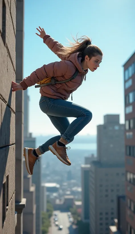 ((photo realistic)), (masterpiece), best quality, high quality, extremely detailed, 
Intricate details, Subtle details, Intricate details, 

Parkour girl,
Running up the side of a building ,
gorgeous aerial posture,
jumping with all their might,
blue sky,
...