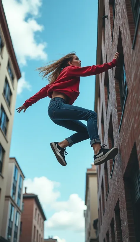 ((photo realistic)), (masterpiece), best quality, high quality, extremely detailed, 
Intricate details, Subtle details, Intricate details, 

Parkour girl,
Running up the side of a building ,
gorgeous aerial posture,
jumping with all their might,
blue sky,
...