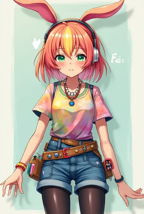  Character Fe is 18 years old and has a mockery face , Rainbow hair ,  green eyes full of life and wears a rabbit-shaped headset ,  wears denim shorts with tights and a colorful blouse and a belt full of things at the waist. Shes not cute at all, Its not s...