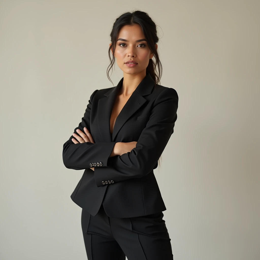  A confident woman wearing an elegant tailored suit , with a firm stance with her arms crossed . His look conveys determination and professionalism,  while the composition highlights her leadership role and power.  the setting is minimalist ,  with neutral...