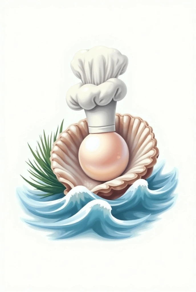 Design a realistic logo ,  for Perla Marina restaurant where the protagonist is the shell and the pearl that is surrounded by sea waves.  as decoration put a chefs hat on the pearl at an angle of 25 degrees . Do your best ! go