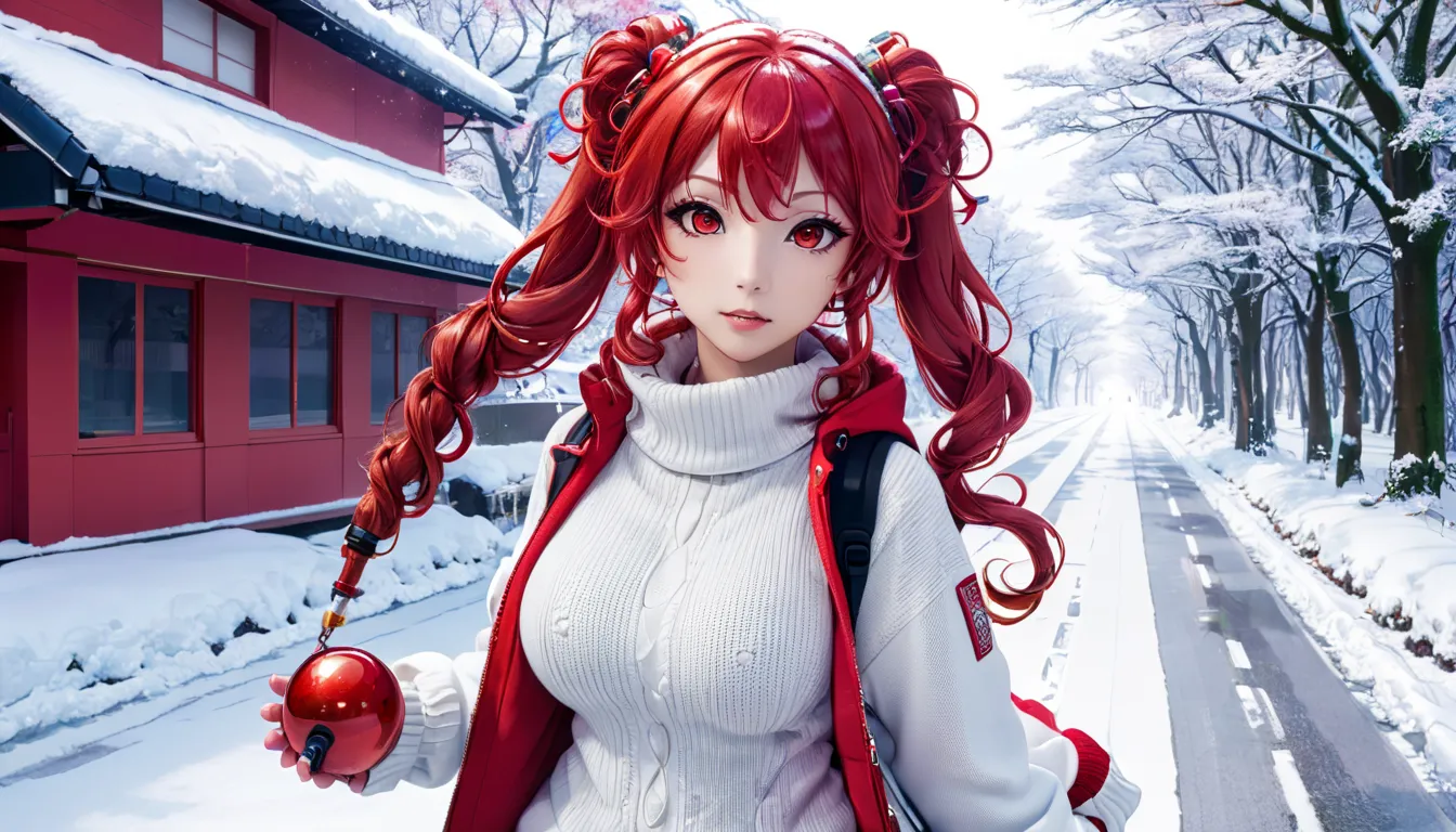 vocaloid, side top pigtails, red curly hair, bangs, slim body, very large breasts, ball shaped breasts, red eyes, red contact le...