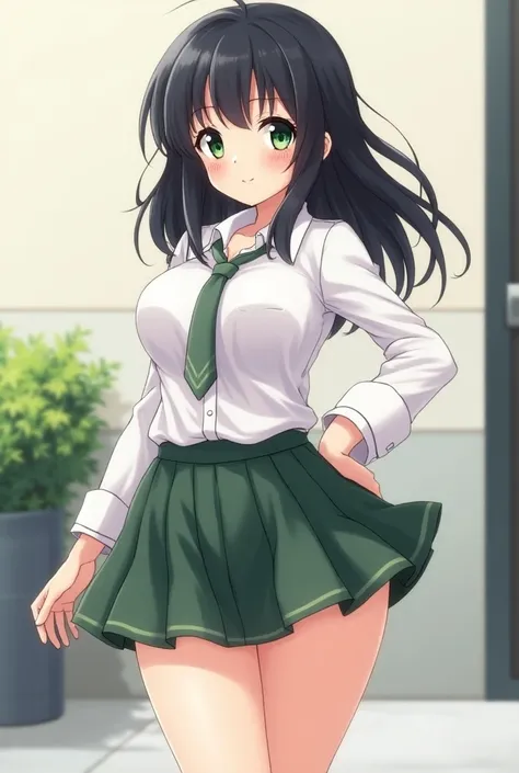  Cute anime girl, big boobs, big butt, schoolgirl, black hair , green eyes,skirt, pretty, smile,standing stop