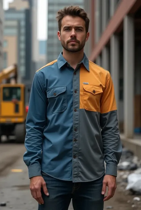 Long sleeve half-right gray and half-right light blue construction work shirt