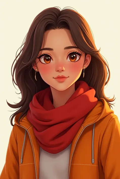 Animation for women with straight brown hair on the shoulders
Coffee eyes lenses red scarf and orange windbreaker
