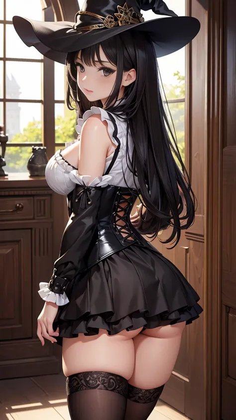  masterpiece,  Best quality , high resolution,  beautiful detailed eyes ,  extremely detailed face, Detailed CG, 1 girl; standing, view from behind,  Perfect Ass, looking at the viewer,  long black hair , black eyes,  impossible clothing with ruffles , blo...