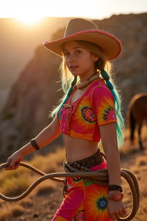 A 13 yr beautiful, attractive & strong lookinggirl, cyberpunk cowgirls wearing costume, American facial features. Wearing a colorfull cowboy hat, wearing a colorfull illuminating cyberpunk cowboy attires, with a beautiful, strong horse by her side, holding...