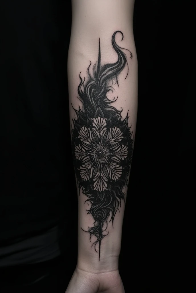  tattoo, Design for an arm that is a fusion between blackouts,  mandala and fractals 