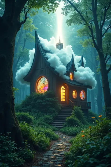 a house in a mystical forest with light strikingly in the roof. The roof is like cloud and the windows has a colorful design. it is inside the forest but it looks magical.