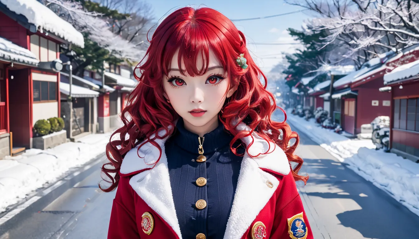 side-top twin tails、red curly hair、bangs、 slim body、 very large breasts in captain's uniform、 ball shaped breasts 、red eyes、 red...