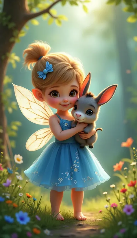 a year-old  dressed as a fairy in a blue dress and wings holding a mini donkey cub