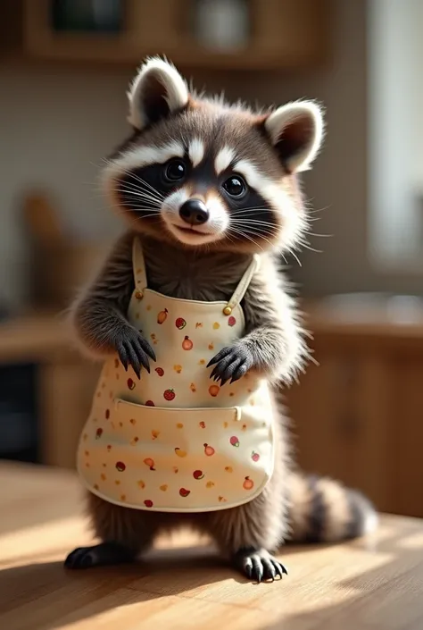 “Baby Raccoon in a Tiny Apron”
Imagine a baby raccoon standing proudly with a small apron tied around its body. The apron is decorated with tiny fruit patterns, giving it a playful touch. The raccoon’s paws are placed on its apron, and it has a curious smi...