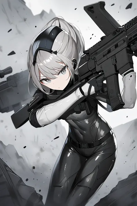 1girl. Short white hair. Grey eyes. skin tight black latex bodysuit. tactical. rifle. 