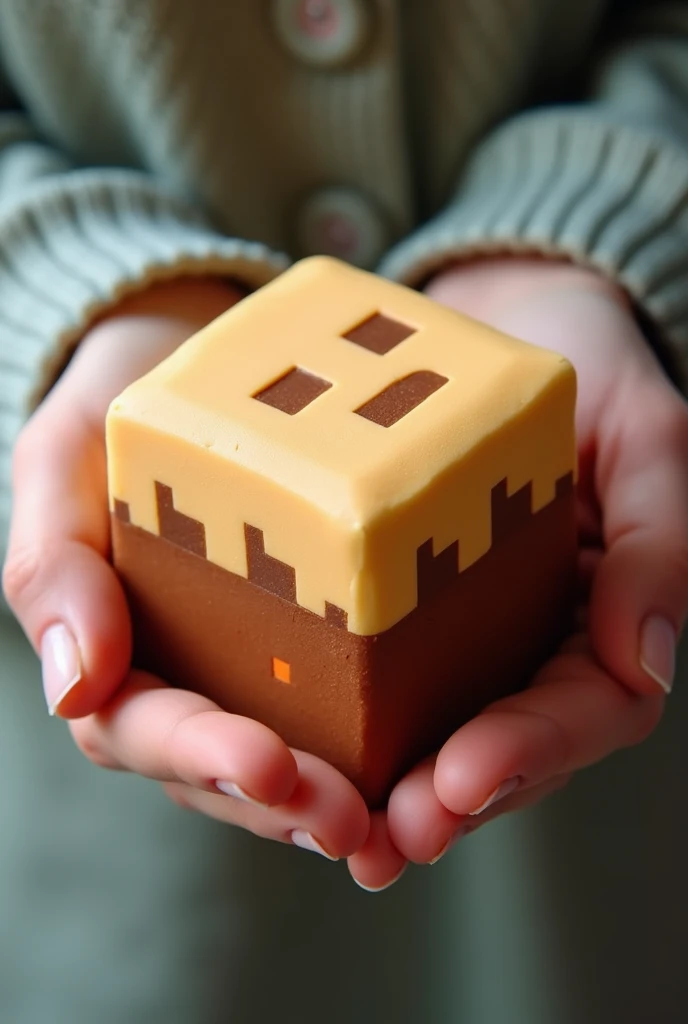 
   Holding a squishy Minecraft cake shaped like a square.
