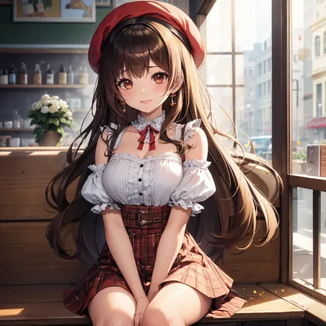   1 girl, alone, Long Hair, Chest, smile,  brown hair,  earrings for a woman alone,   red skirt,Mouth slightly open ,  Fluttering Hair , Natural Curl, Cross Bang, ハート型の earrings for a woman alone, 三日月形の earrings for a woman alone, クリスタル earrings for a woma...