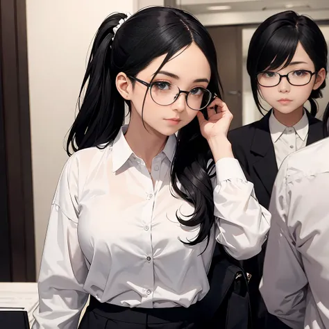 With round-rimmed glasses，single ponytail black hair，White shirt，college girls，avatar