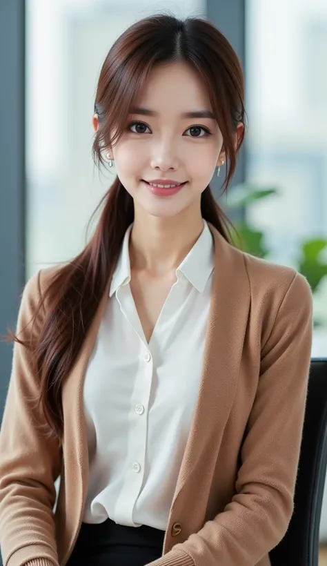 A beautiful Japanese woman wearing sexy white blouse and brown business casual cardigan, wearing glasses: 1.3, extremely detailed skin, large breasts:1.22, deep cleavage, small head, cute face, brown straight hair:1.21, neatly styled, bright eyebrows, pony...