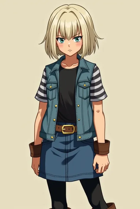  18-year-old boy inspired by Android 18 from Dragon Ball Z,  with platinum blonde hair in a bob cut ,  dressed in a gray striped t-shirt , black fitted top, sleeveless blue denim jacket ,  denim skirt, brown belt with gold buckle ,  black leggings and tall...