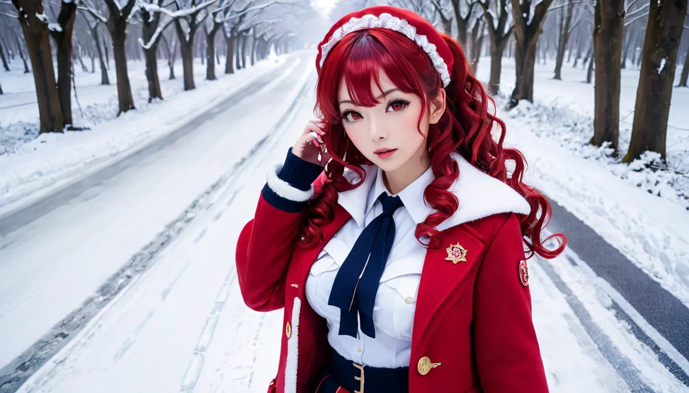 side-top twin tails、red curly hair、bangs、 slim body、 very large breasts in captain's uniform、 ball shaped breasts 、red eyes、 red...