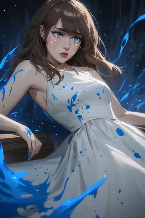 In a semi-realistic anime art style, a Caucasian woman with brown hair, green eyes, sitting on a park bench at night, tears in her eyes, wearing a classy white cocktail dress, has been splattered with blue paint and has a visible blue streak along the fron...