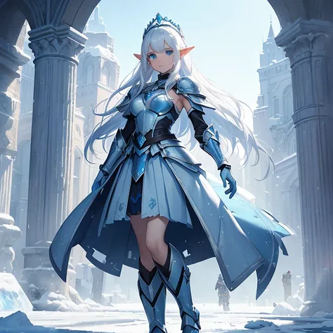 Masterpiece, HD, high resolution, high quality, best quality, super detailed. Solo character alone. Fantasy art.
{{A 25-years-old half-elf princess ice girl),(appearance: pale skin. pure-white medium-straight-hair. Beautiful blue-eyes with white-pupils. sh...