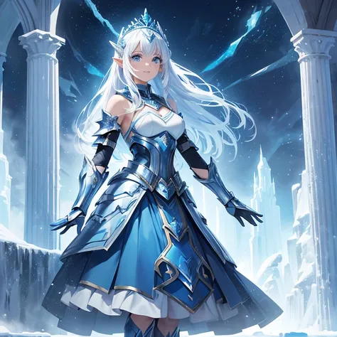 Masterpiece, HD, high resolution, high quality, best quality, super detailed. Solo character alone. Fantasy art.
{{A 25-years-old half-elf princess ice girl),(appearance: pale skin. pure-white medium-straight-hair. Beautiful blue-eyes with white-pupils. sh...