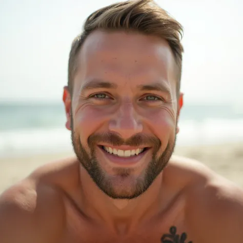 A white man with short hair and beard, with tattoos. Hes smiling face. Photo taken by a Kodak Portra 400, beach background, photo from the neck up.