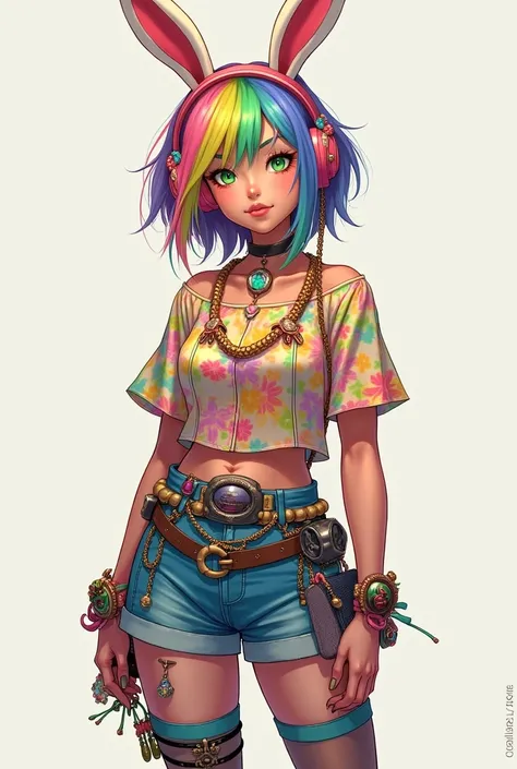  Character Fe is 18 years old has a mocked face shes not cute at all, Shes not smiling at all she has rainbow hair ,  green eyes full of life and wears a rabbit-shaped headset ,  wears denim shorts with tights and a colorful blouse and a belt full of thing...