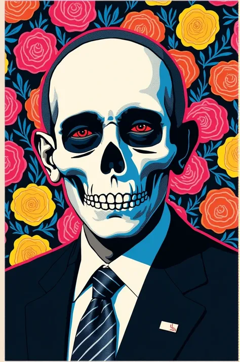 Warhol-style serigraphy of Obama with a bright white skull mask and deep red eyes. The background will be a repetitive pattern of neon colored flowers  (rosa, yellow, blue) on a black background.  Use white Ben-Day lines to add texture to the mask and flow...