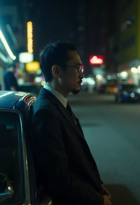 cinematography, realistic, retro,  movie grain, Wong Kar-wai,  dark lighting , Alone, a middle aged man in a black suit and dark glasses, stern expression, hand in pocket, he leaned against a car, blurry, bokeh effect