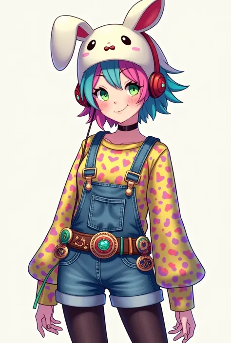  Character Fe is 18 years old has a mocked face shes not cute at all, Shes not smiling at all she has rainbow hair ,  green eyes full of life and wears a rabbit-shaped headset ,  wears denim shorts with tights and a colorful blouse and a belt full of thing...