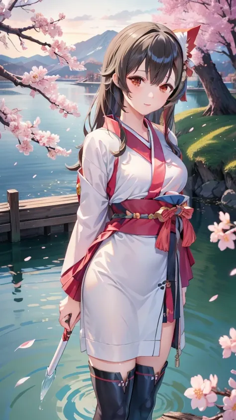 Asuna, masterpiece,  is the best quality,  detailed, (1 Girl),  alone,  detailed golden eyes, Long hair, Standing, Close to the audience , ( detailed kimono),  faint smile ,  medium breasts,  (arms behind back), water, Sunset, (Headdress), (Cherry Blossoms...