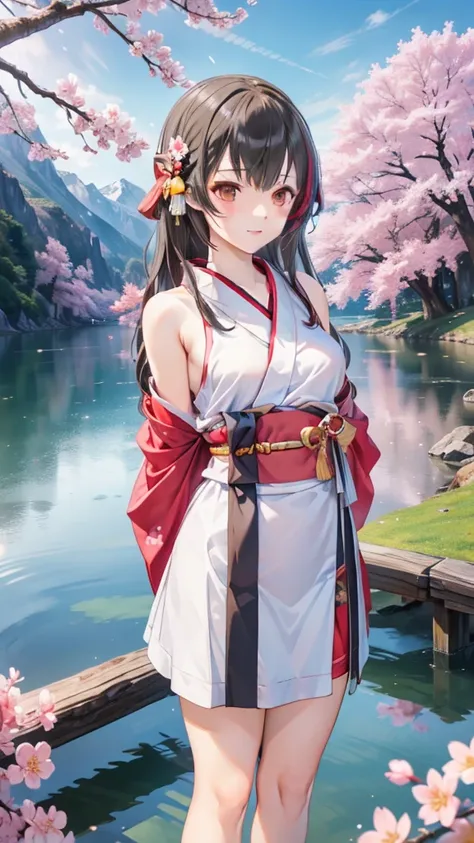 Asuna, masterpiece,  is the best quality,  detailed, (1 Girl),  alone,  detailed golden eyes, Long hair, Standing, Close to the audience , ( detailed kimono),  faint smile ,  medium breasts,  (arms behind back), water, Sunset, (Headdress), (Cherry Blossoms...