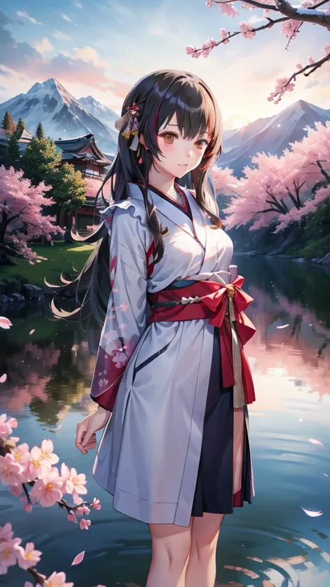 Asuna, masterpiece,  is the best quality,  detailed, (1 Girl),  alone,  detailed golden eyes, Long hair, Standing, Close to the audience , ( detailed kimono),  faint smile ,  medium breasts,  (arms behind back), water, Sunset, (Headdress), (Cherry Blossoms...