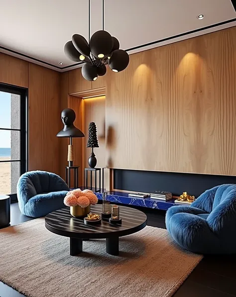 (black walls:3) (black wood flooring:3), esquisite living room with curvy red modular sofa, abstract sculptures, ornamental flowers, 2 exotic furry blue armchairs, black and white stripped coffee table, organic carpet, blue marble fireplace from floor to c...