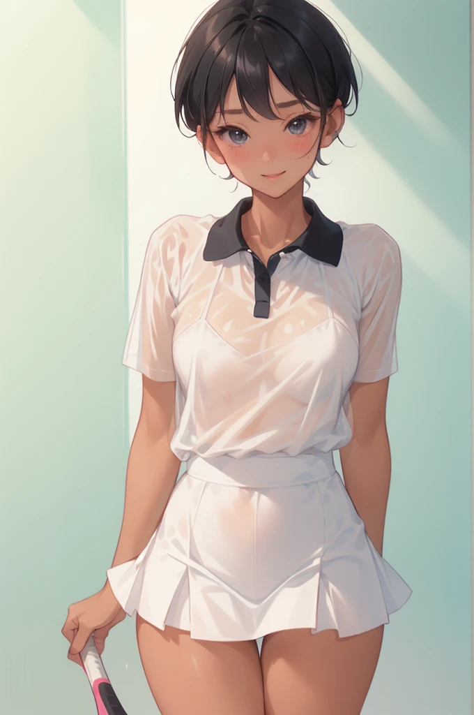 ((Sweaty, see-through body:1.4))、((Larger breasts:1.4))、(((Beautiful thighs:1.8)))、(( pure white short sleeve tennis wear:1.3))、((((pure white micro mini skirt for waist wear))))、((pure white short sleeve polo shirt :1.3))、Bare arms、((Jet Black Eyes、 Black...