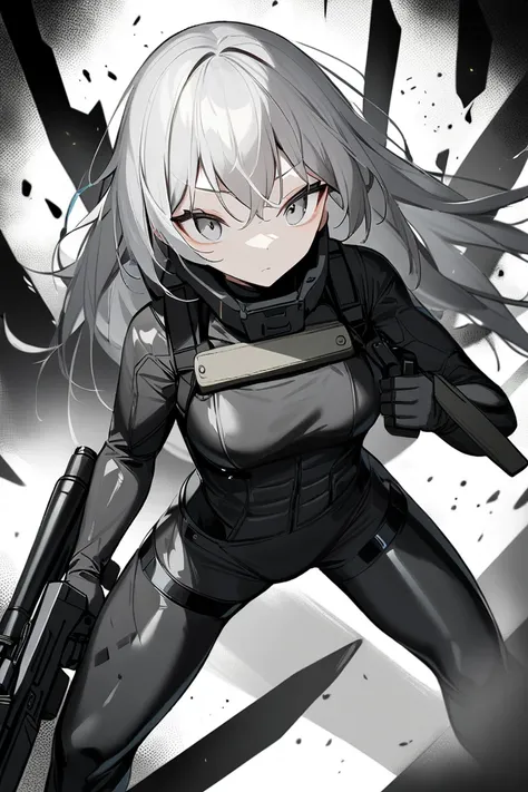 1girl. Short white hair. Grey eyes. skin tight black latex bodysuit. tactical. holding rifle.