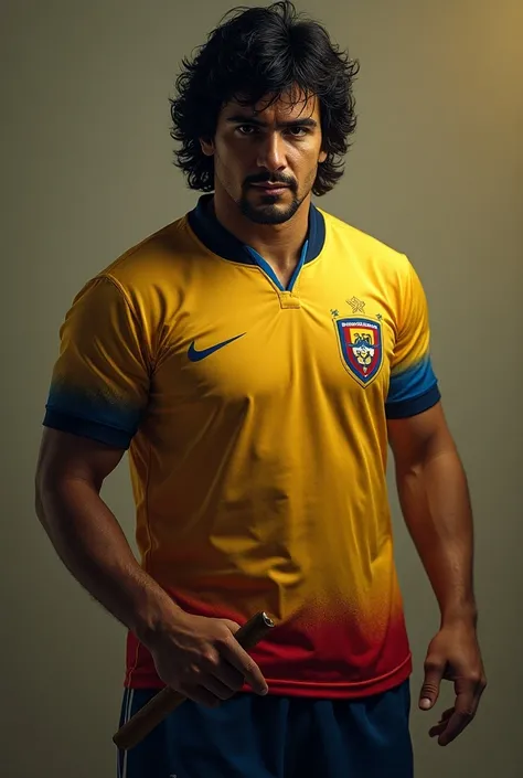  Diego Armando Maradona wearing the current jersey of the Colombian national team, in vertical format , with a cigar from Cuba in his hand  