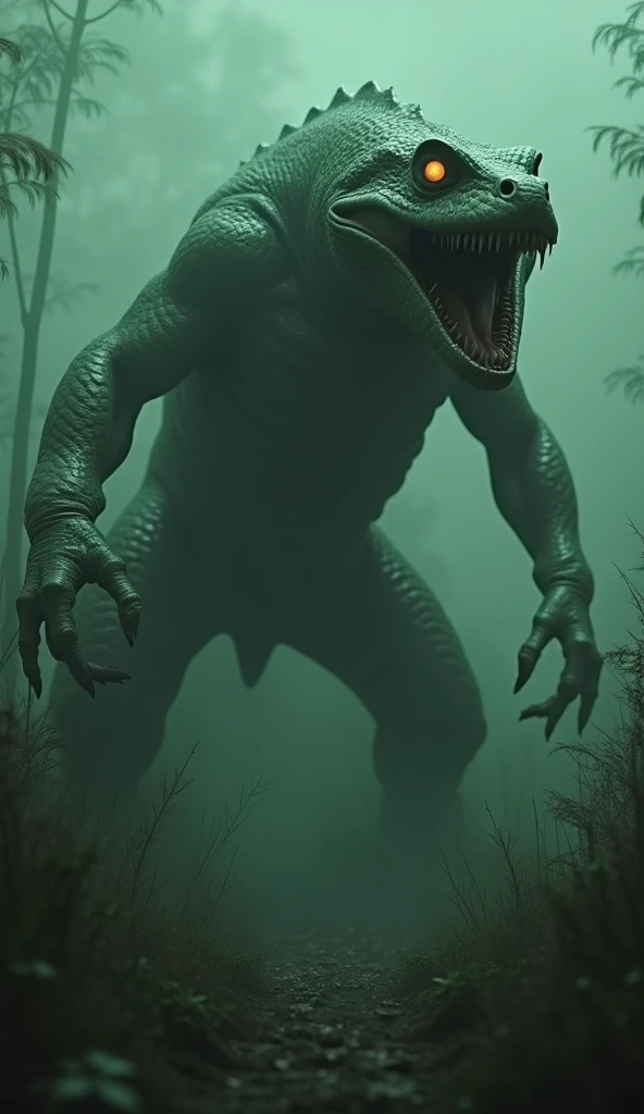 A dark, cinematic scene featuring a terrifying super hybrid fusion of an anaconda and a frog, with massive coiled muscles and amphibian-like features. The creature has glowing, menacing eyes and a powerful body blending scales and slimy textures. It roars ...