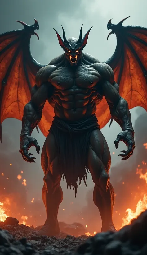 Here is the translation:

"An ultra-realistic image of a terrifying hybrid creature that combines the features of a strong man and a bat. This formidable being has a large, muscular human torso, but its arms transition into large, leathery wings that sprea...