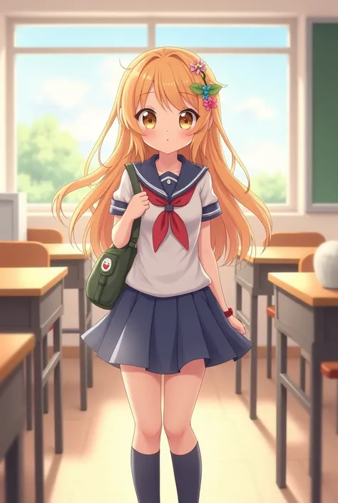 Anime girl, classroom background, Blonde hair, School uniform, Kawaii bookbag, slim waist, 